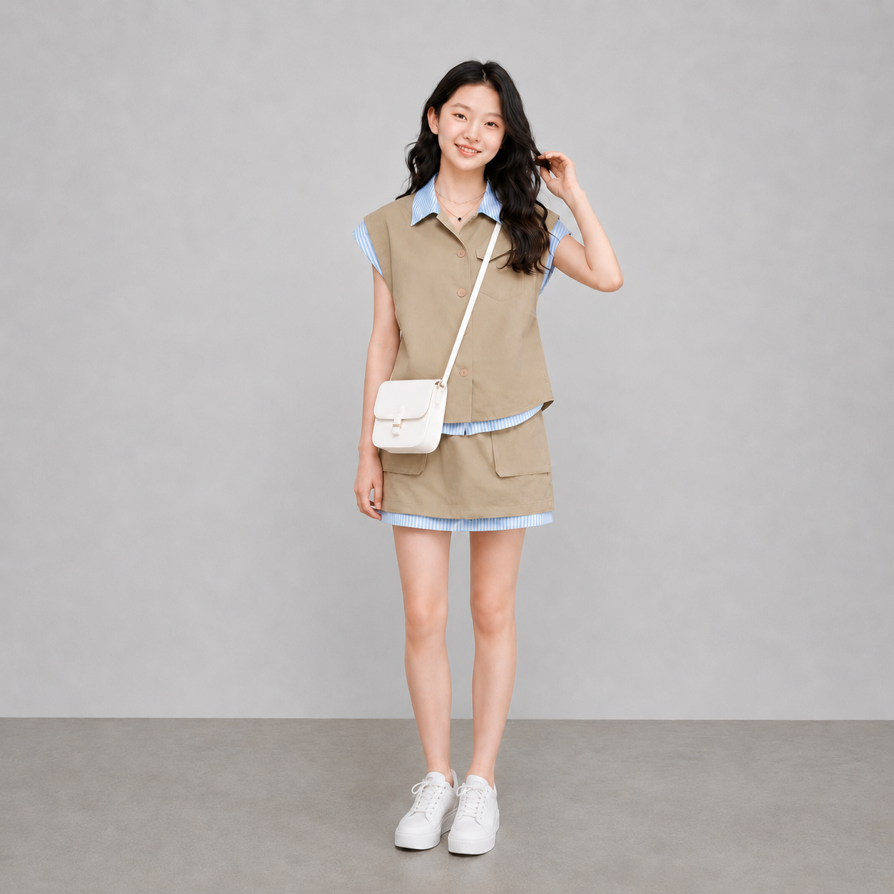 H26120-Set áo jean lụa kèm chân váy