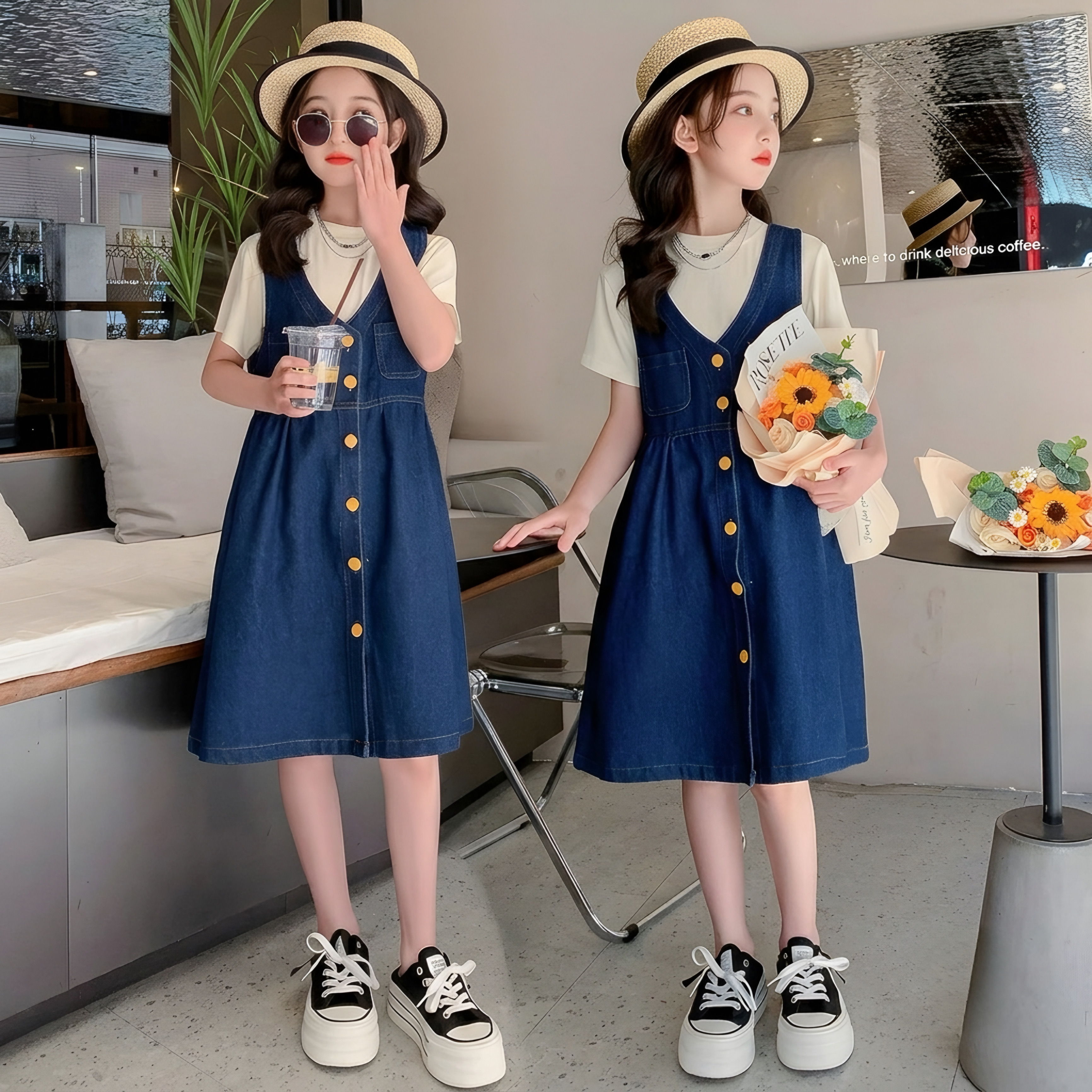 KM0008-Yếm váy jeans cổ tim