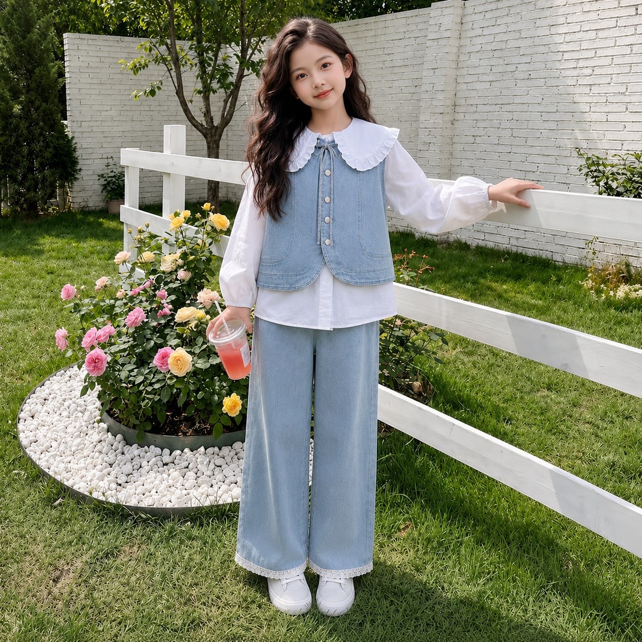 KM0023-Set jeans áo gile kèm quần suông