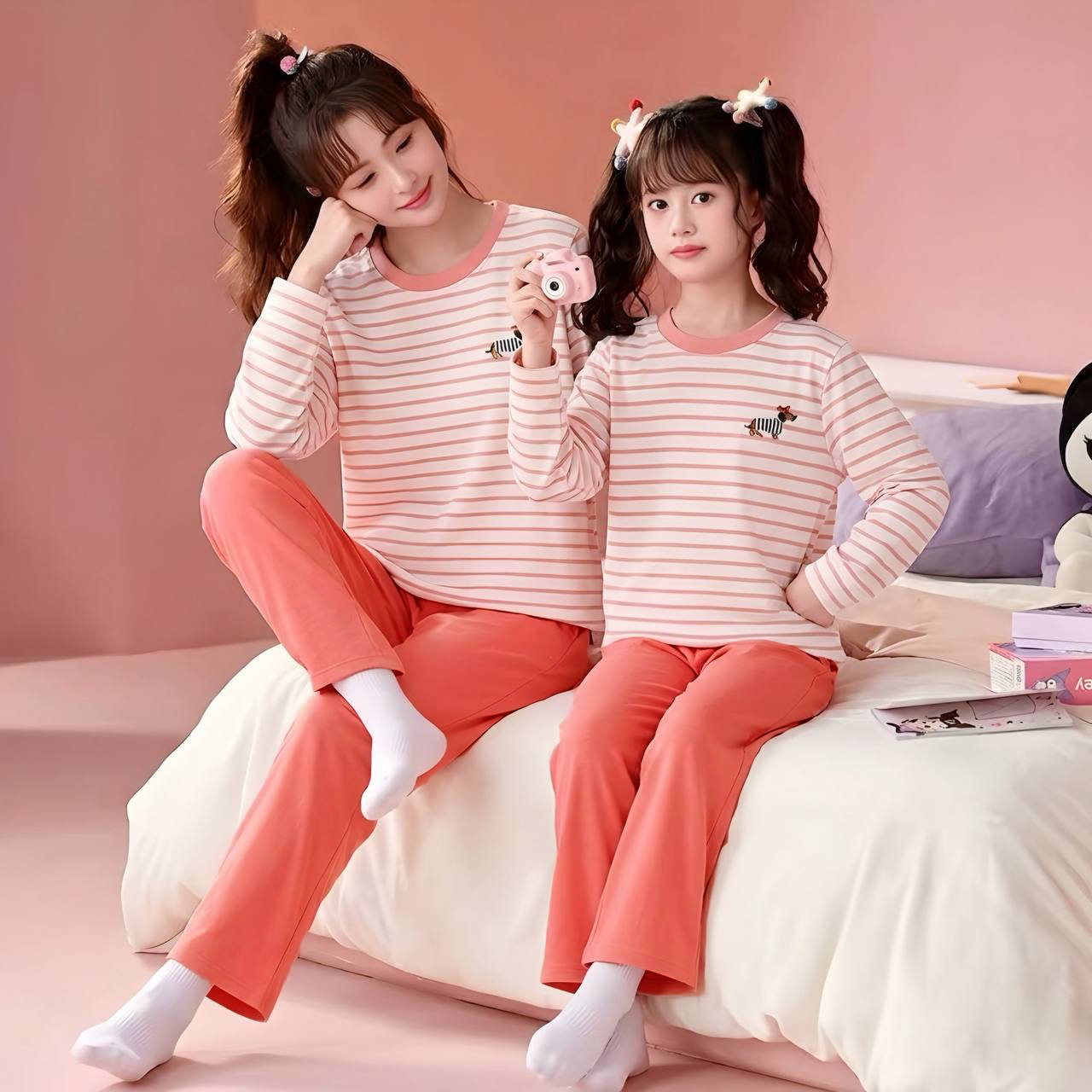 Set áo kẻ ngang thêu cún M384