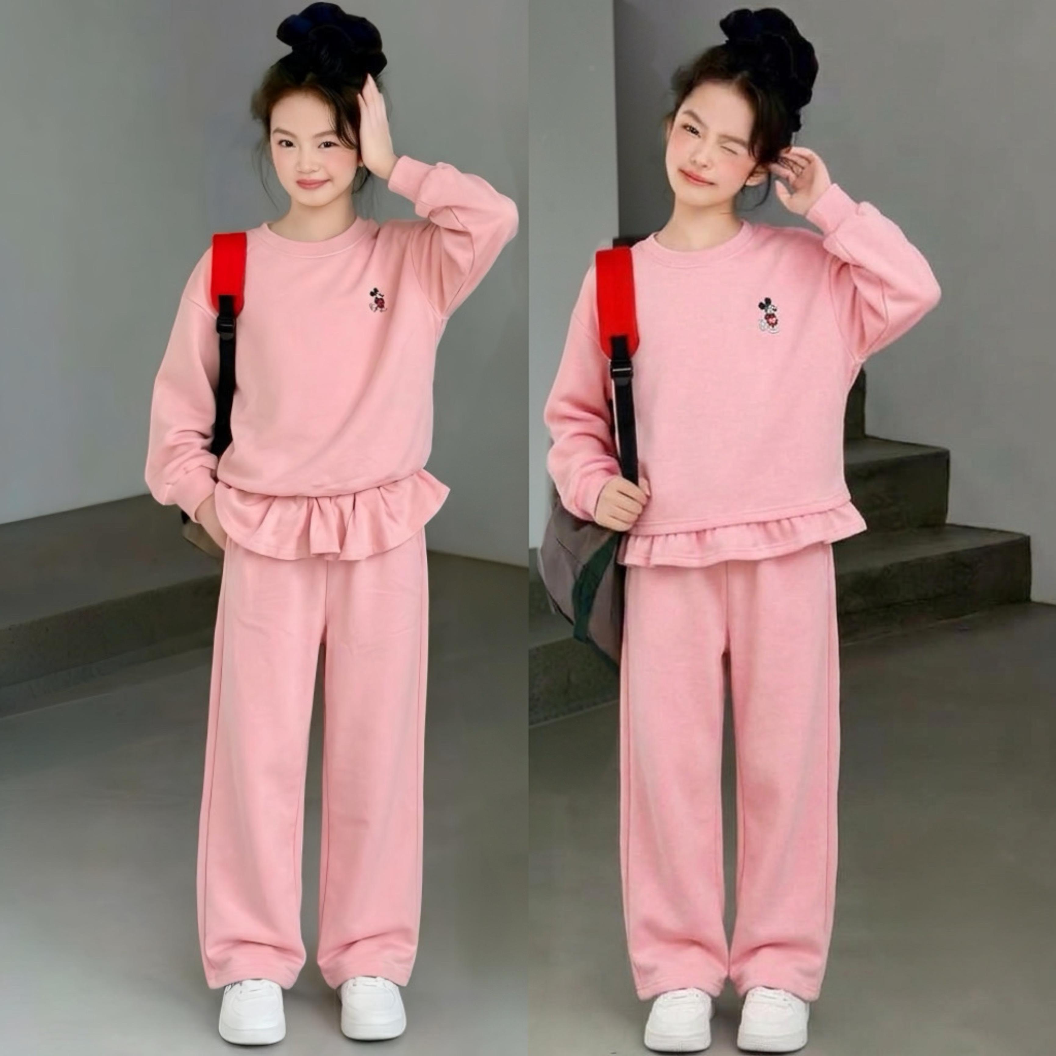 Set áo thêu mickey kèm quần suông phối bèo M399