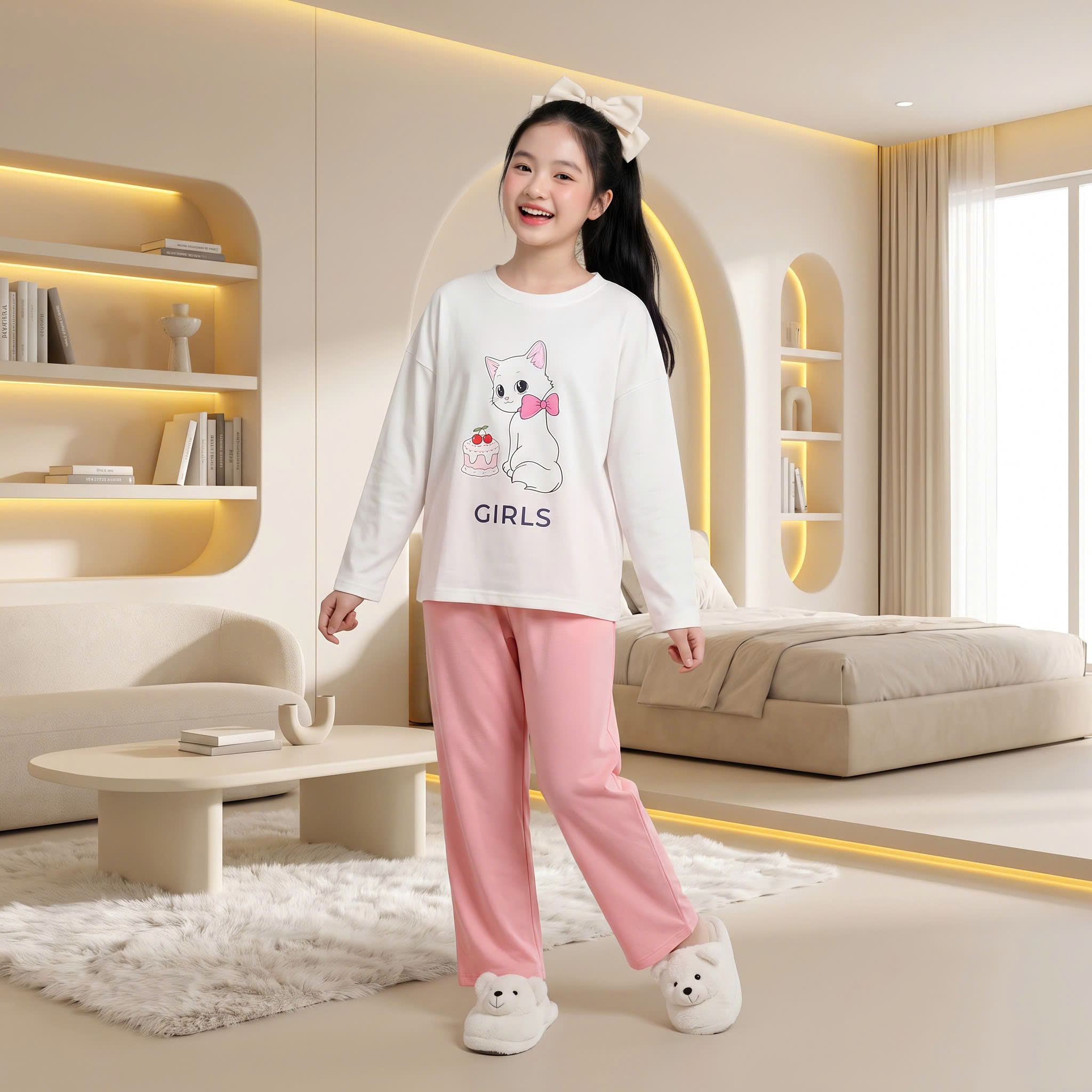 Set cotton áo hình mèo trắng Girl M377