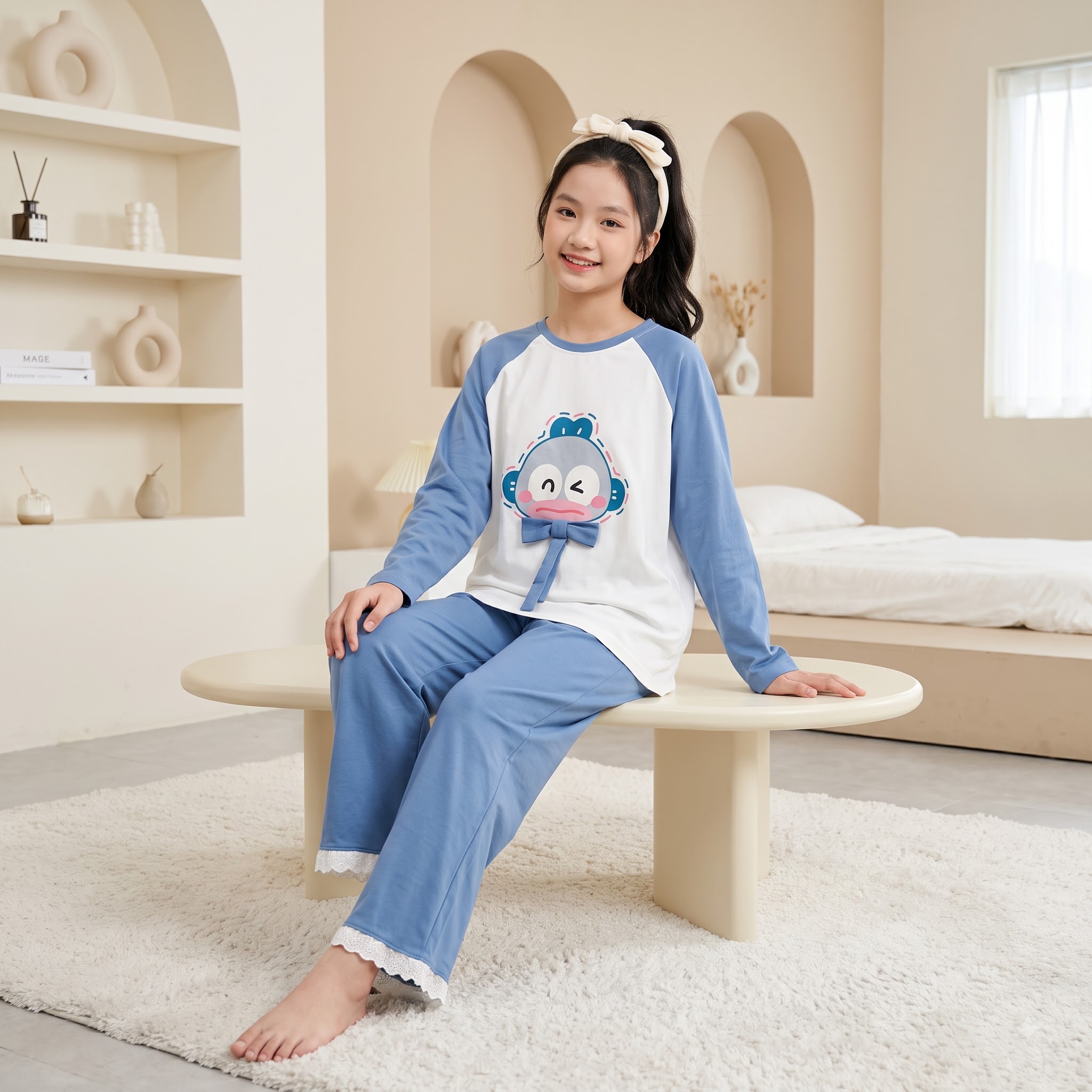 Set cotton áo in hình vịt quần chân ren