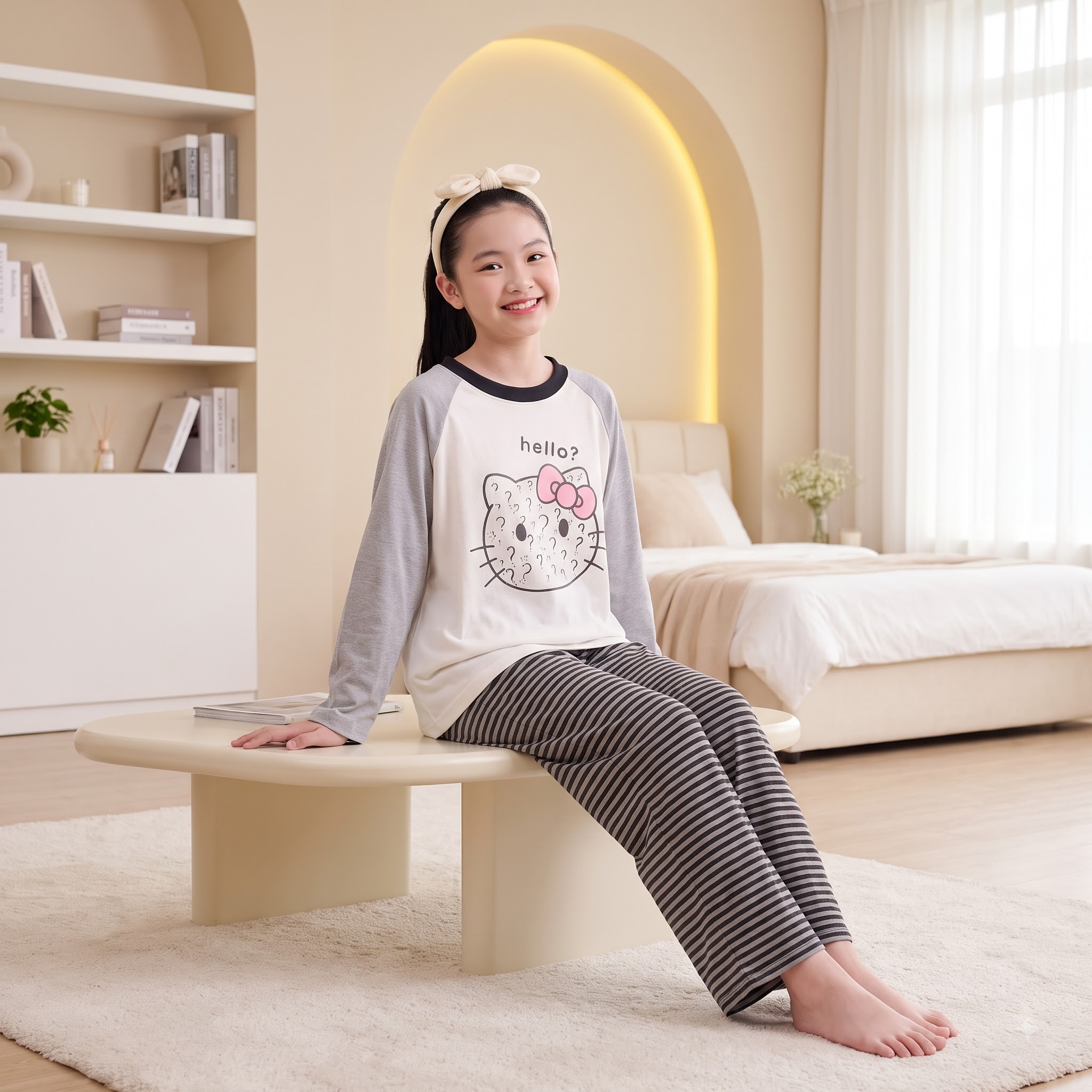 Set cotton phối tay quần kẻ