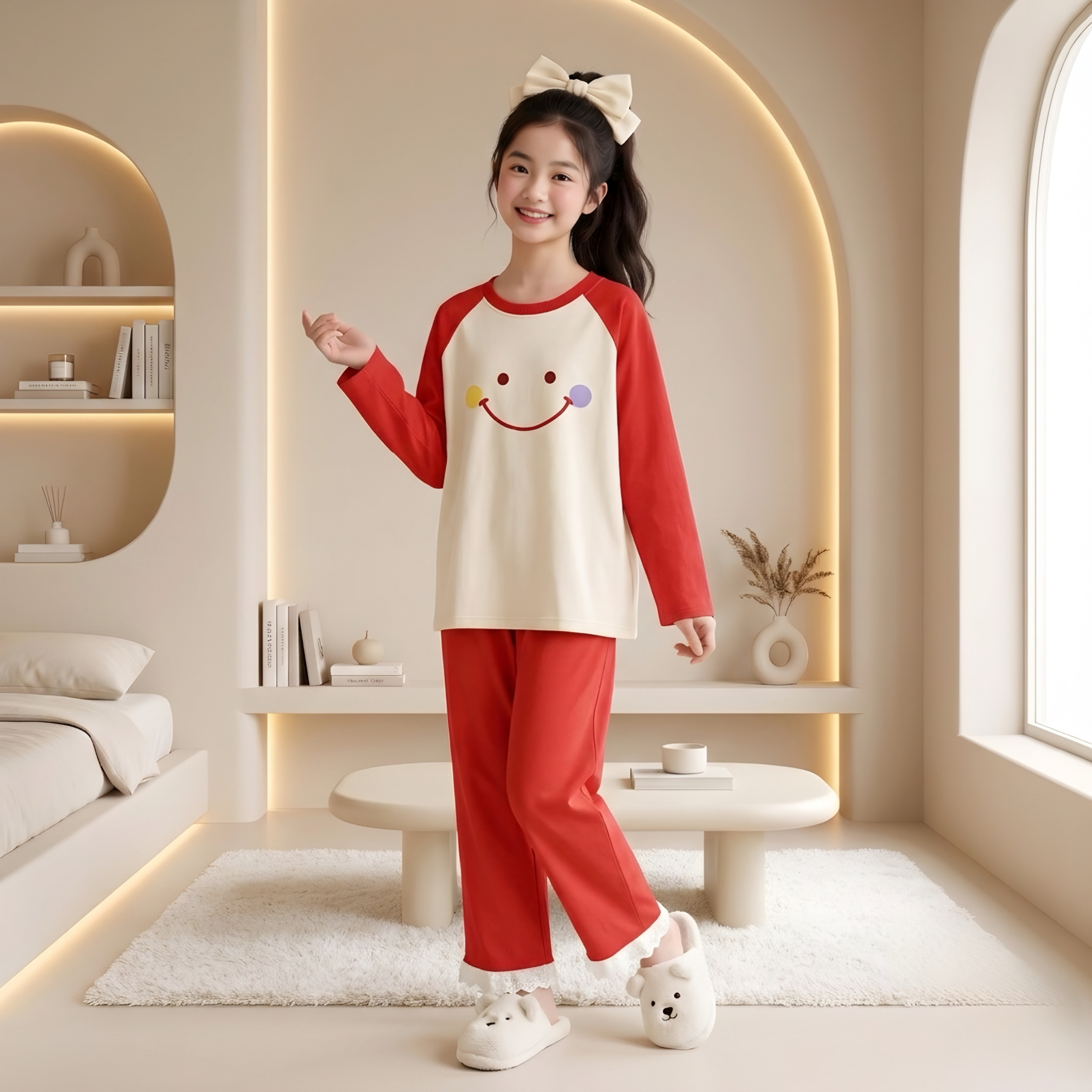 Set phối tay quần đỏ in mặt cười
