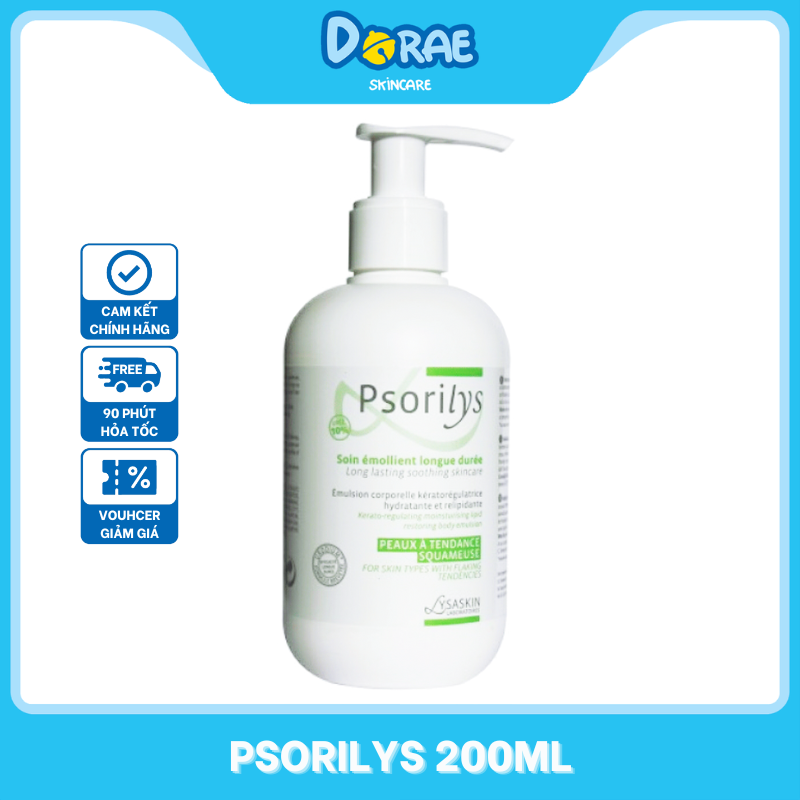 LYSASKIN l Sữa dưỡng cho da khô, chàm, ngứa dùng cho trẻ em và cả gia đình Psorilys Soin Emollient Logue Duree 200ml