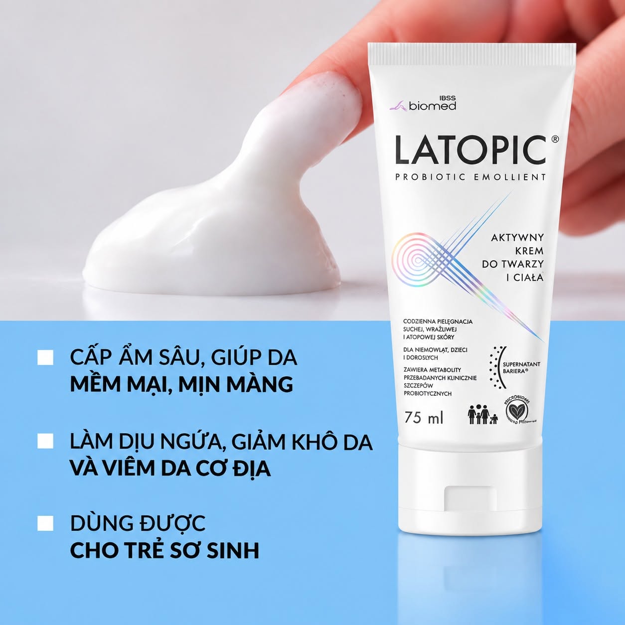 Latopic Probiotic Emollient Active Face And Body Cream l Kem dưỡng ẩm làm dịu da cơ địa, khô, chàm, ngứa, mẩn đỏ