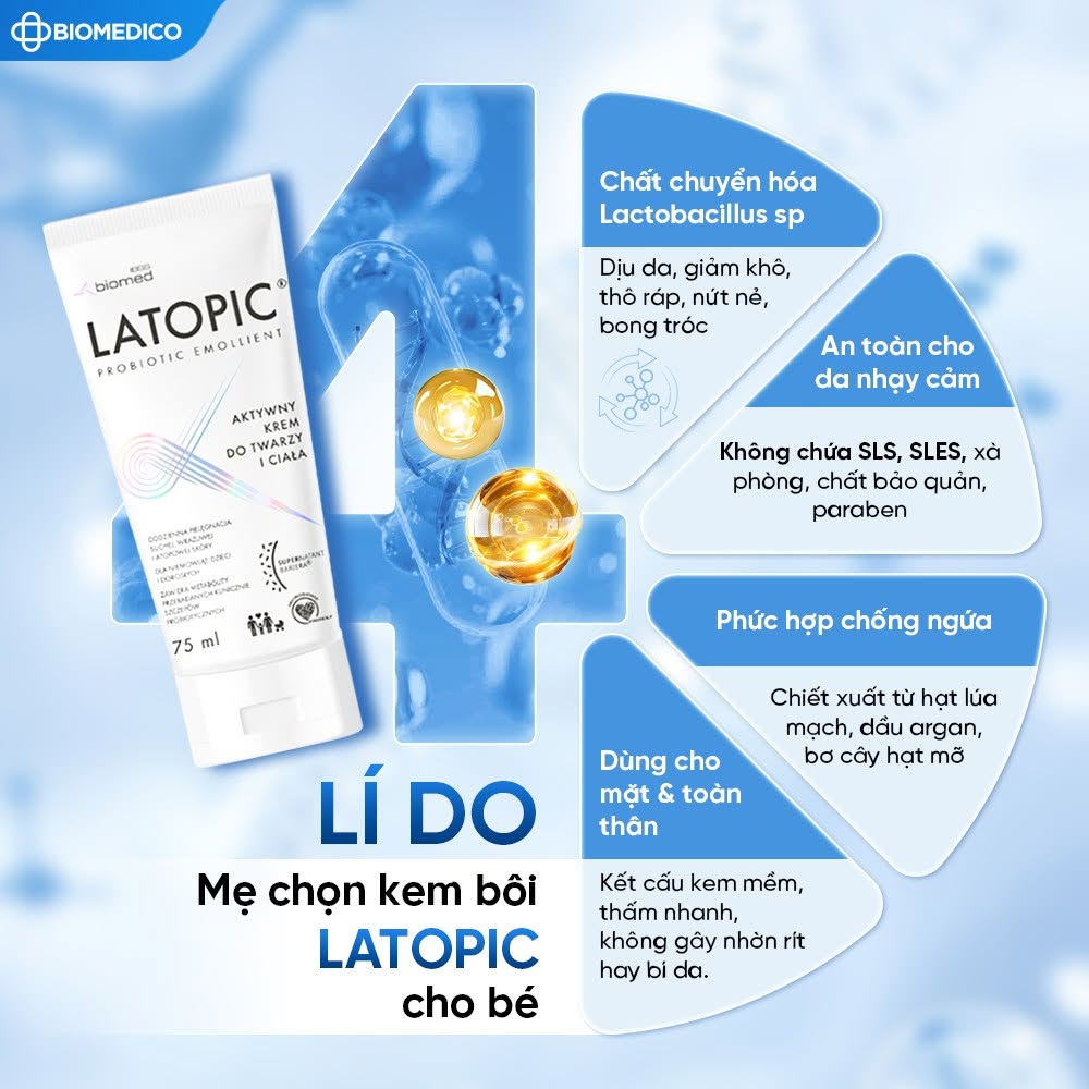 Latopic Probiotic Emollient Active Face And Body Cream l Kem dưỡng ẩm làm dịu da cơ địa, khô, chàm, ngứa, mẩn đỏ