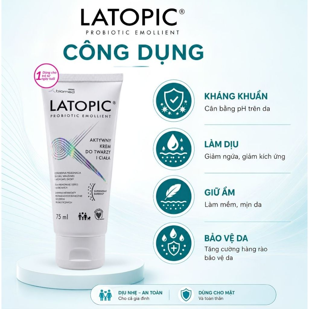 Latopic Probiotic Emollient Active Face And Body Cream l Kem dưỡng ẩm làm dịu da cơ địa, khô, chàm, ngứa, mẩn đỏ
