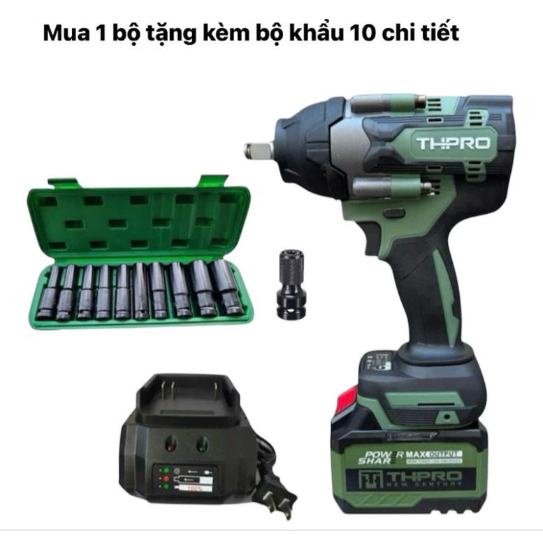 { Tặng Khẩu 10 chi tiết }Máy siết bulong THpro kèm 1 pin 15cel + sạc,lực siết 900NM,động cơ k chổi than,chân pin M21-4cm - Bộ 1pin 15cel + khẩu