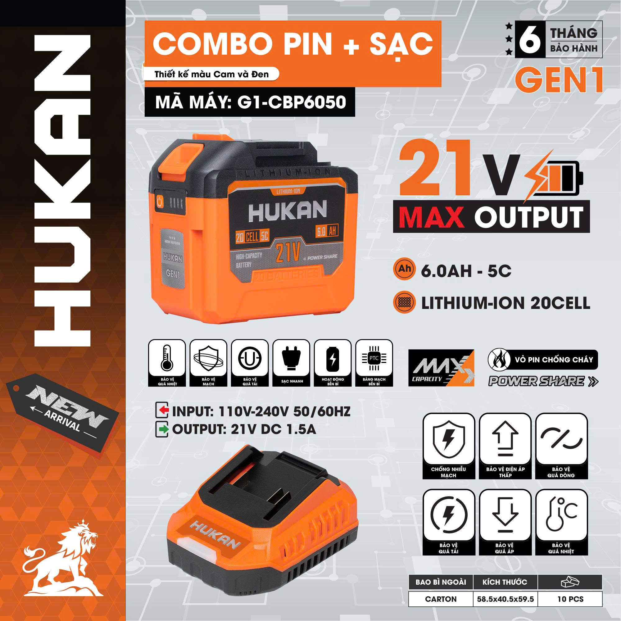Bộ combo sạc và pin hukan 20cell 6.0a mạch 4 mofest sạc vỏ chống va đập