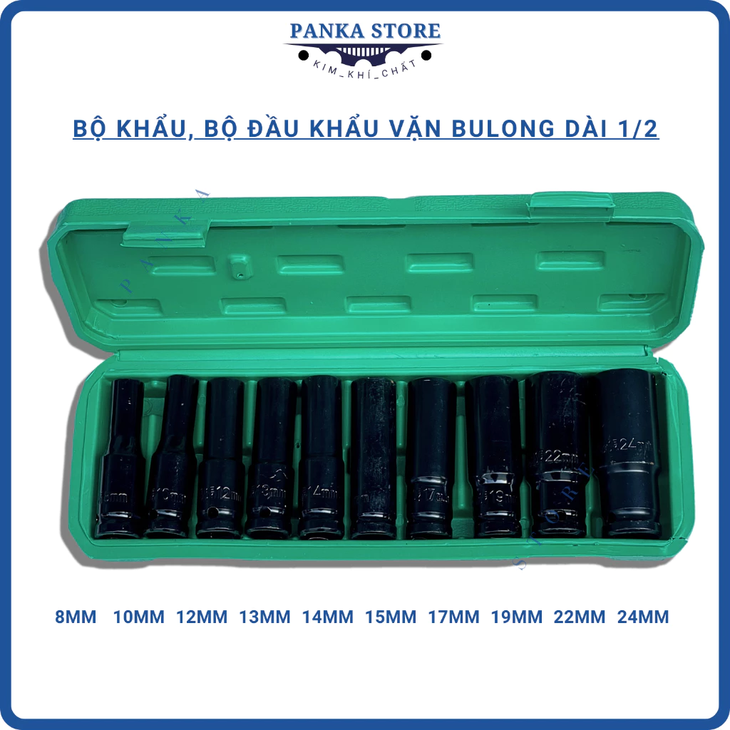 Bộ khẩu 1/2, bộ khẩu 10 món gồm 8, 10, 12, 13, 14, 16, 17, 19, 22, 24 dùng cho siết bulong dekton vn