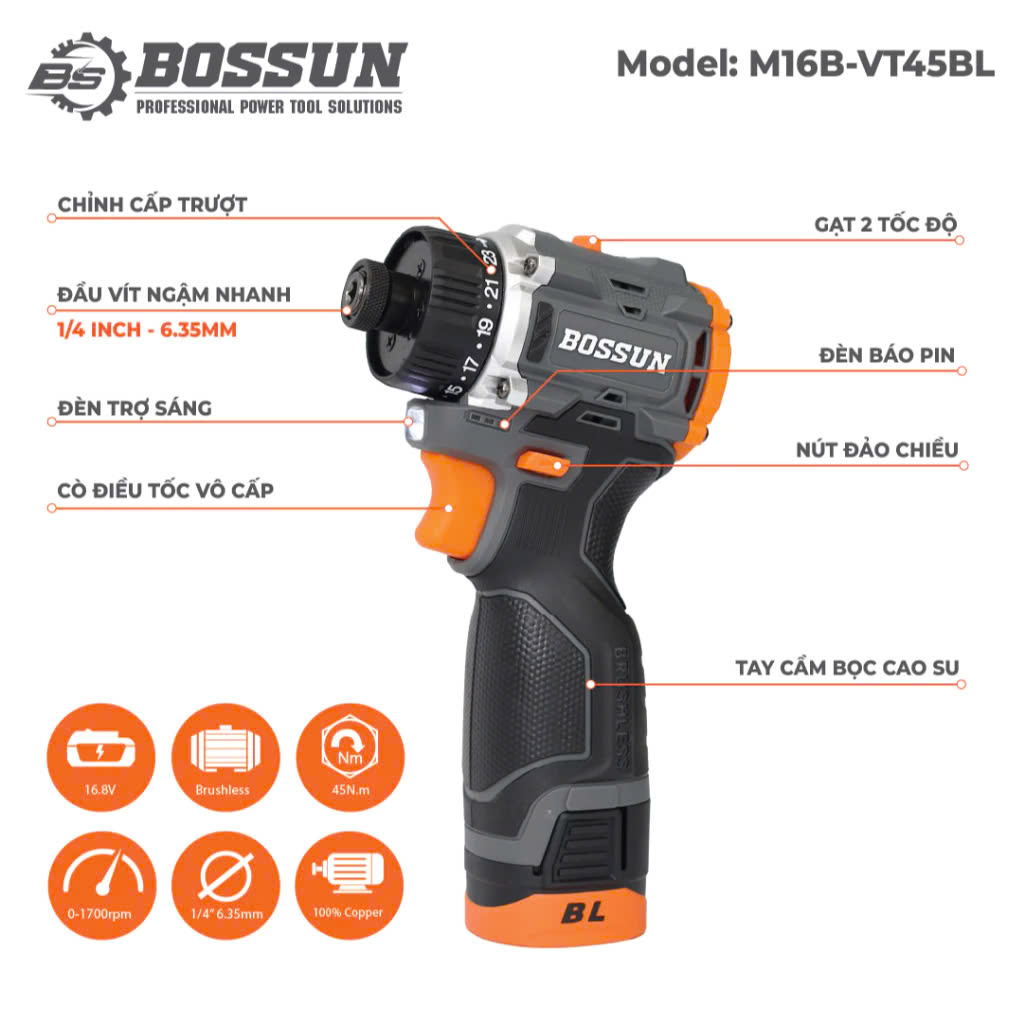 Máy Bắn Vít Không Chổi Than Bossun M16B-VT45BL – 2 Cấp Tốc Độ, 23 Cấp Trượt