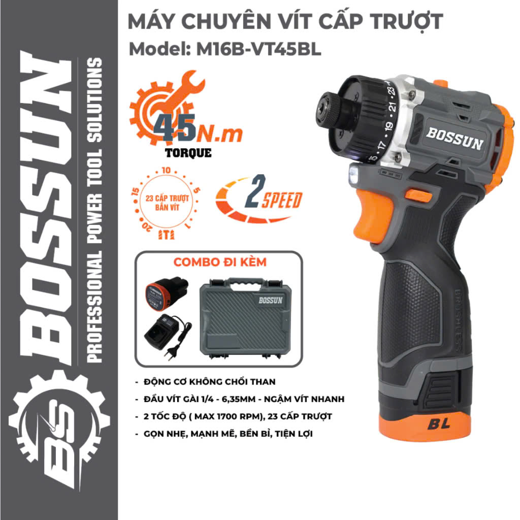 Máy Bắn Vít Không Chổi Than Bossun M16B-VT45BL – 2 Cấp Tốc Độ, 23 Cấp Trượt