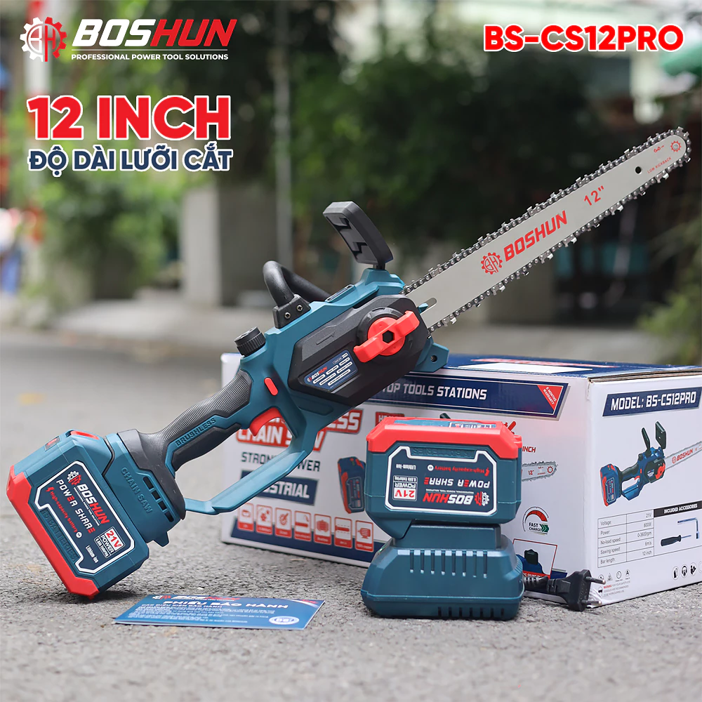Máy Cưa Xích Pin Boshun 12 inch Không Chổi Than Lam Dài 12 inch Chân Pin Phổ Thông M21 Bảo Hành 6 Tháng - máy 2pin 15c+sạc