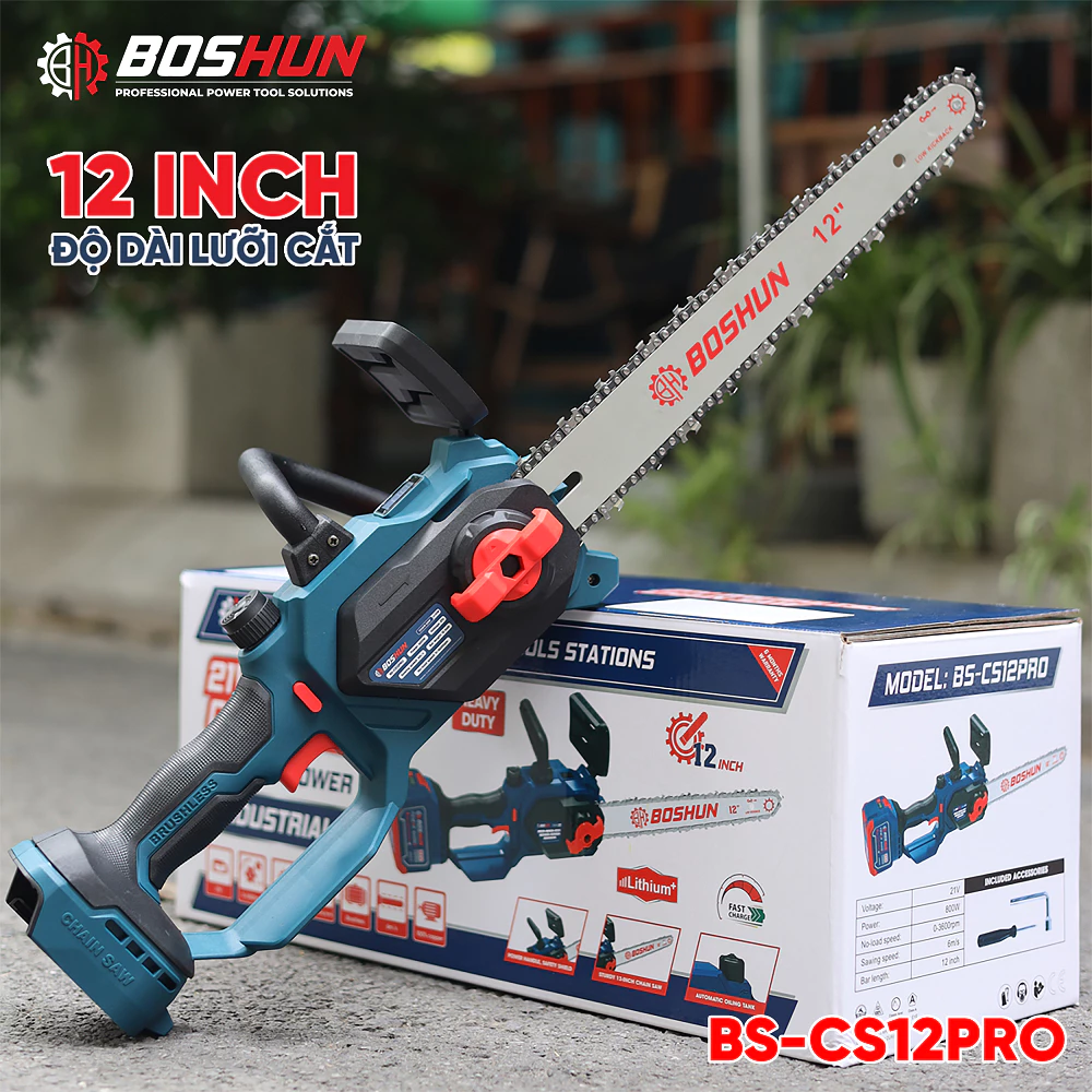 Máy Cưa Xích Pin Boshun 12 inch Không Chổi Than Lam Dài 12 inch Chân Pin Phổ Thông M21 Bảo Hành 6 Tháng - thân máy