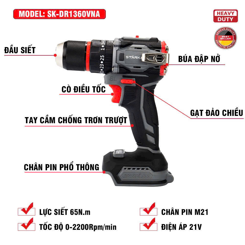 Máy Khoan Cầm Tay STARKER SK-DR1060GR 13mm - dùng pin phổ thông 4cm - 3 chức năng - đầu autolock có khóa trục