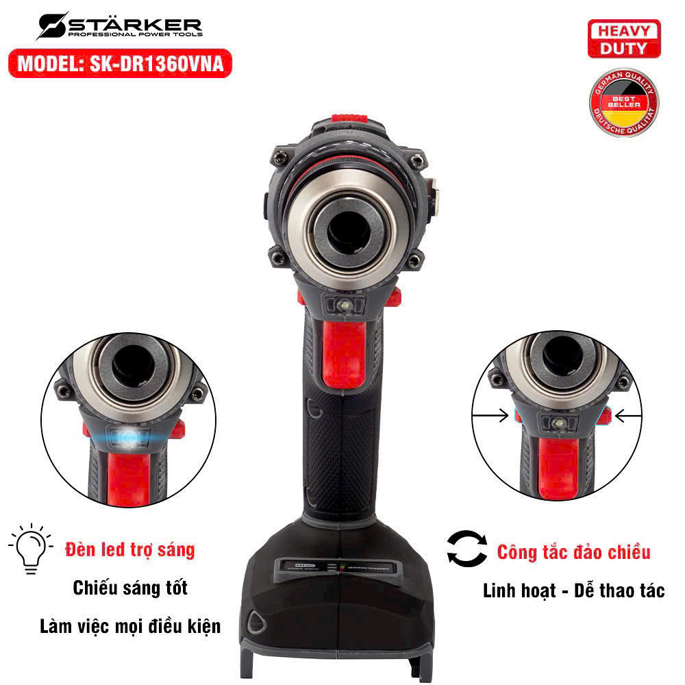 Máy Khoan Cầm Tay STARKER SK-DR1060GR 13mm - dùng pin phổ thông 4cm - 3 chức năng - đầu autolock có khóa trục
