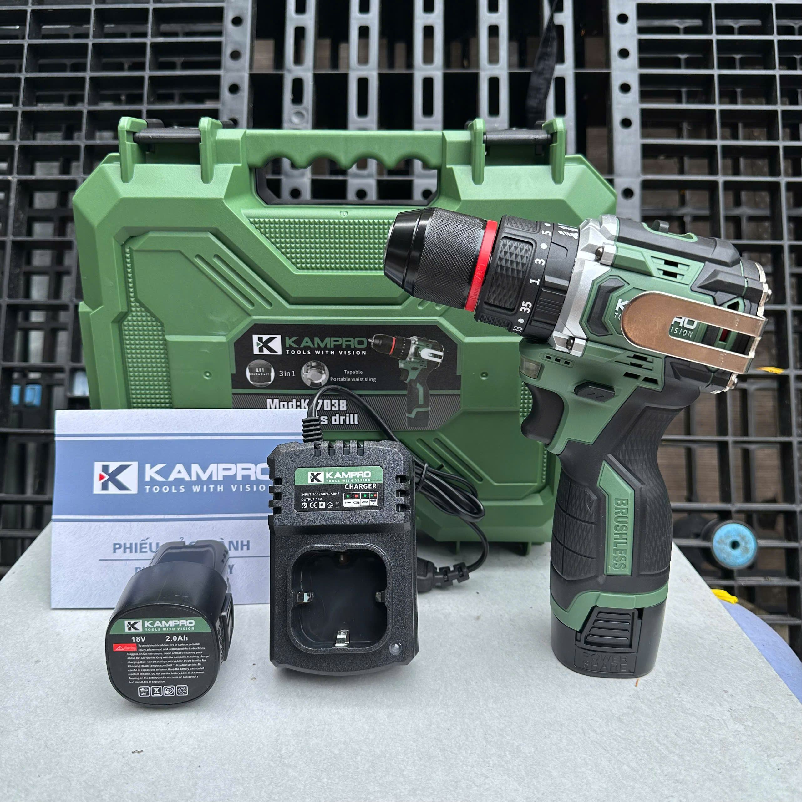 Máy Khoan Pin Kampro K-7038 màu xanh lá, 3 Chức Năng, Đầu Kẹp 10ly Autolock, Động Cơ Không Chổi Than