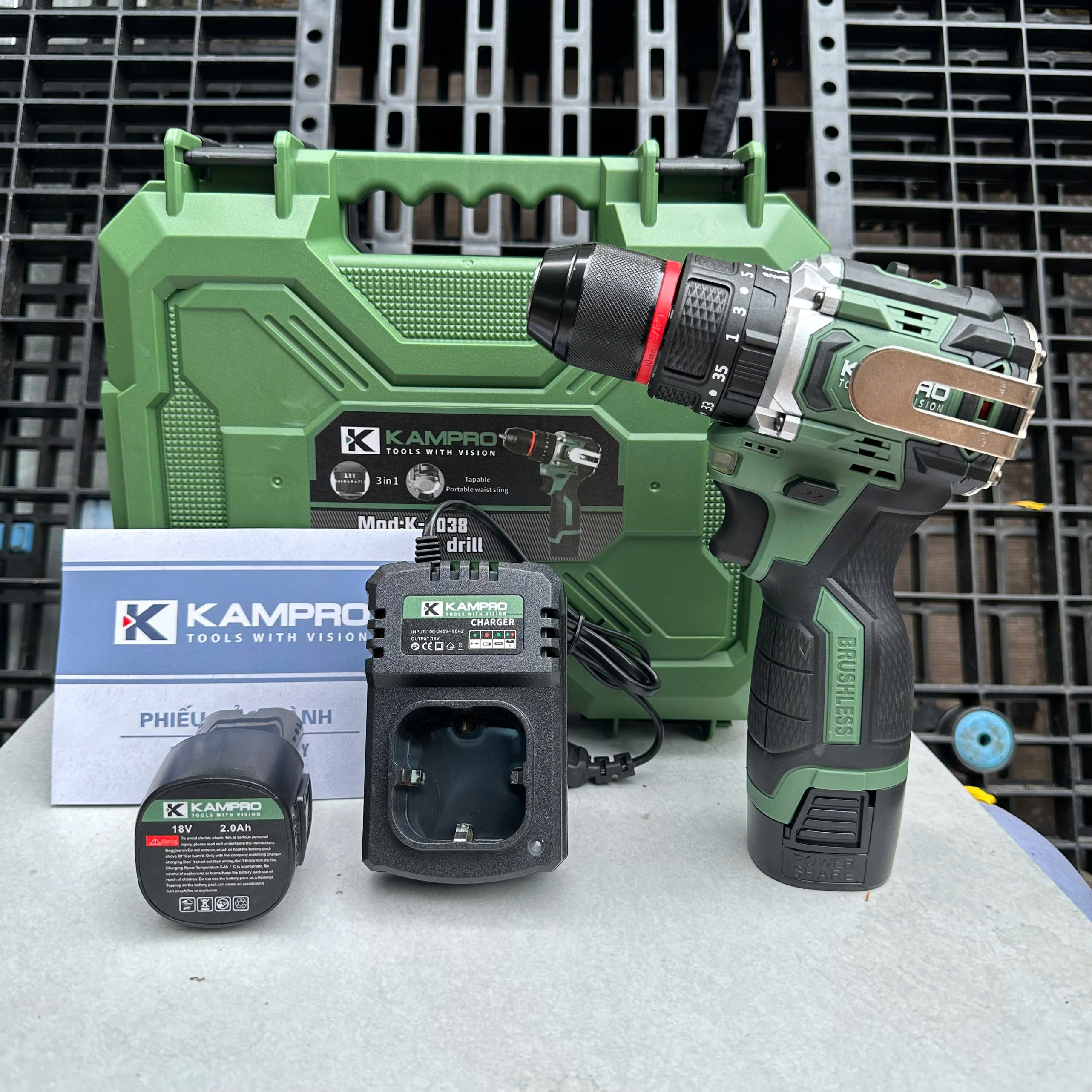 Máy Khoan Pin Kampro K-7038 màu xanh lá, 3 Chức Năng, Đầu Kẹp 10ly Autolock, Động Cơ Không Chổi Than