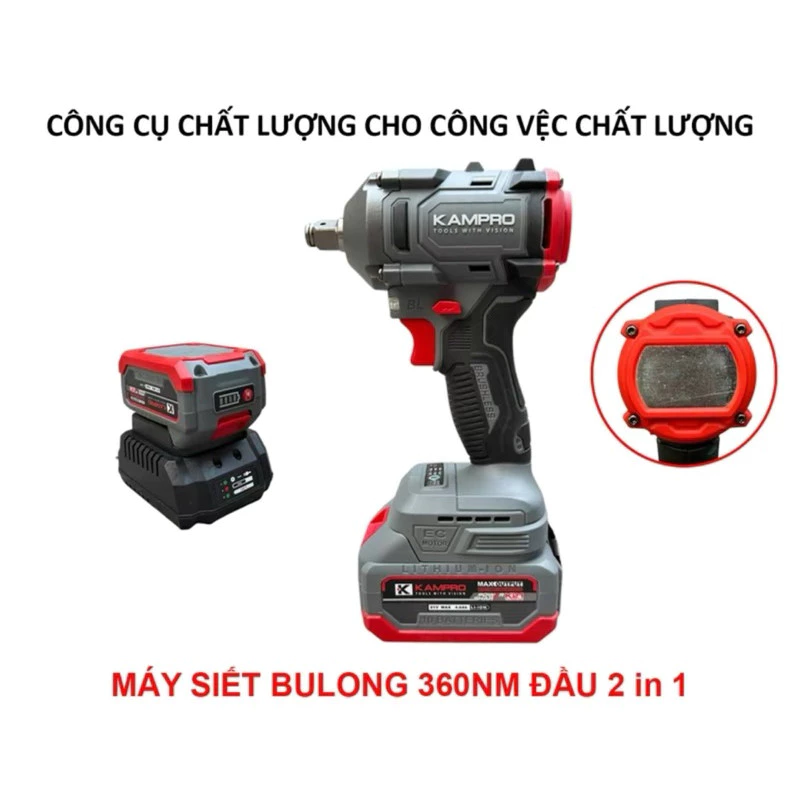 Máy Siết Bulong Kampro K360NM Động Cơ Không Chổi Than Đầu 1/2 Lực Siết 360N Bảo Hành 6 Tháng - Máy 2pin +sạc+pk