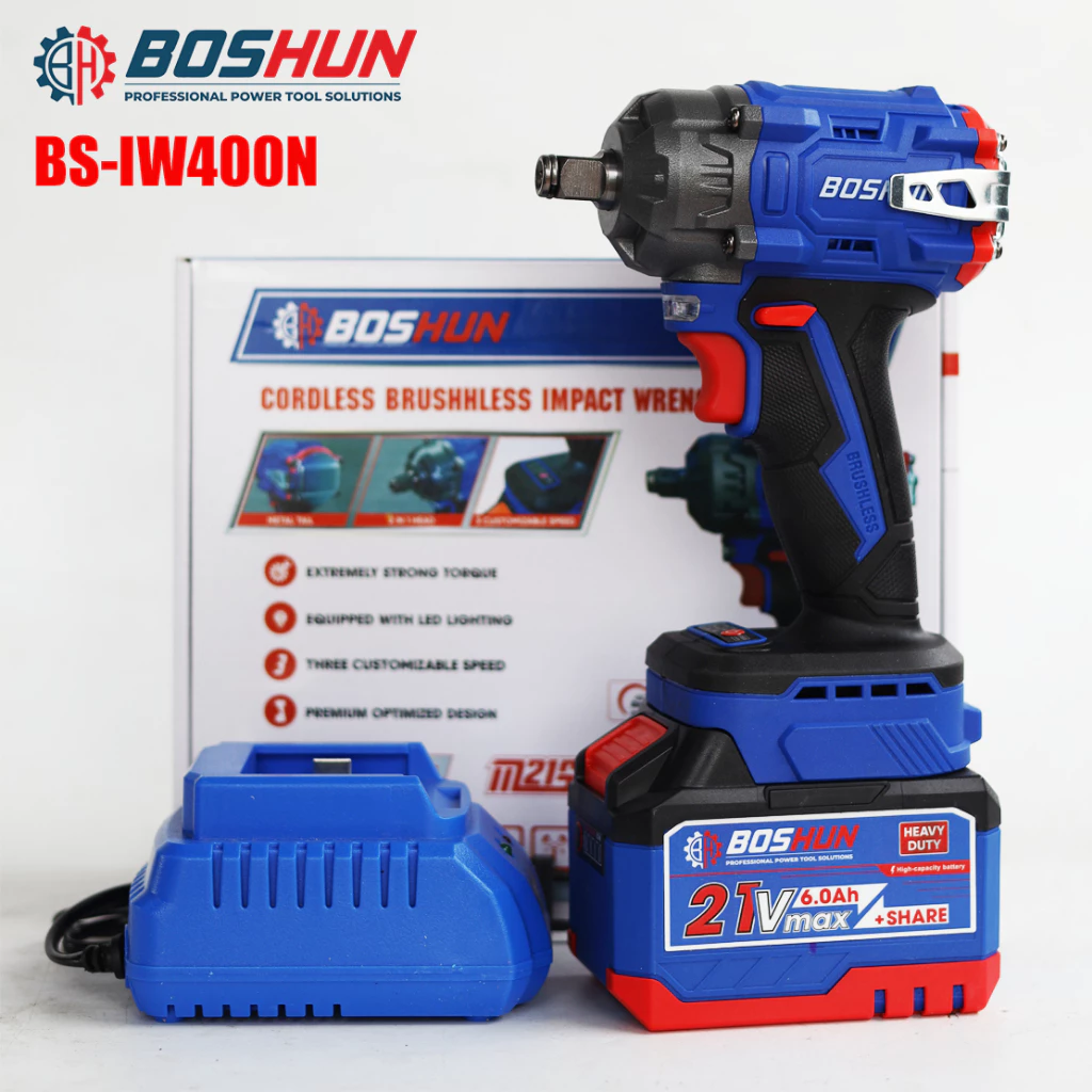 Máy Siết Bulong Pin BOSHUN BS-IW400N, 400Nm, Không Chổi Than, Đầu Bulong 2 in 1, Động Cơ Đồng