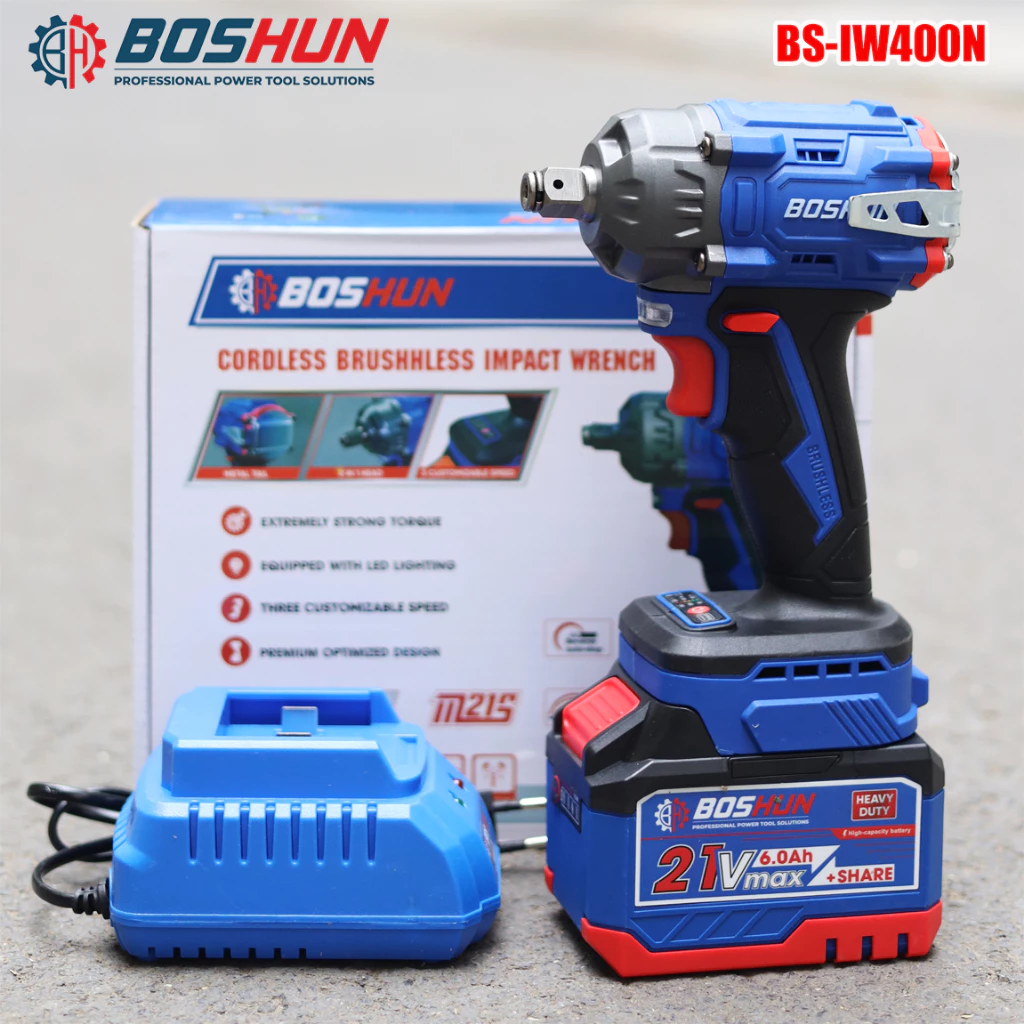 Máy Siết Bulong Pin BOSHUN BS-IW400N, 400Nm, Không Chổi Than, Đầu Bulong 2 in 1, Động Cơ Đồng