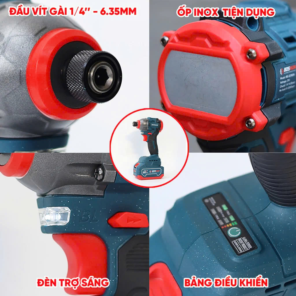 Máy chuyên vít pin BOSHUN BS-SD180N, Không chổi than 180Nm, 3 Tốc độ 3200rpm