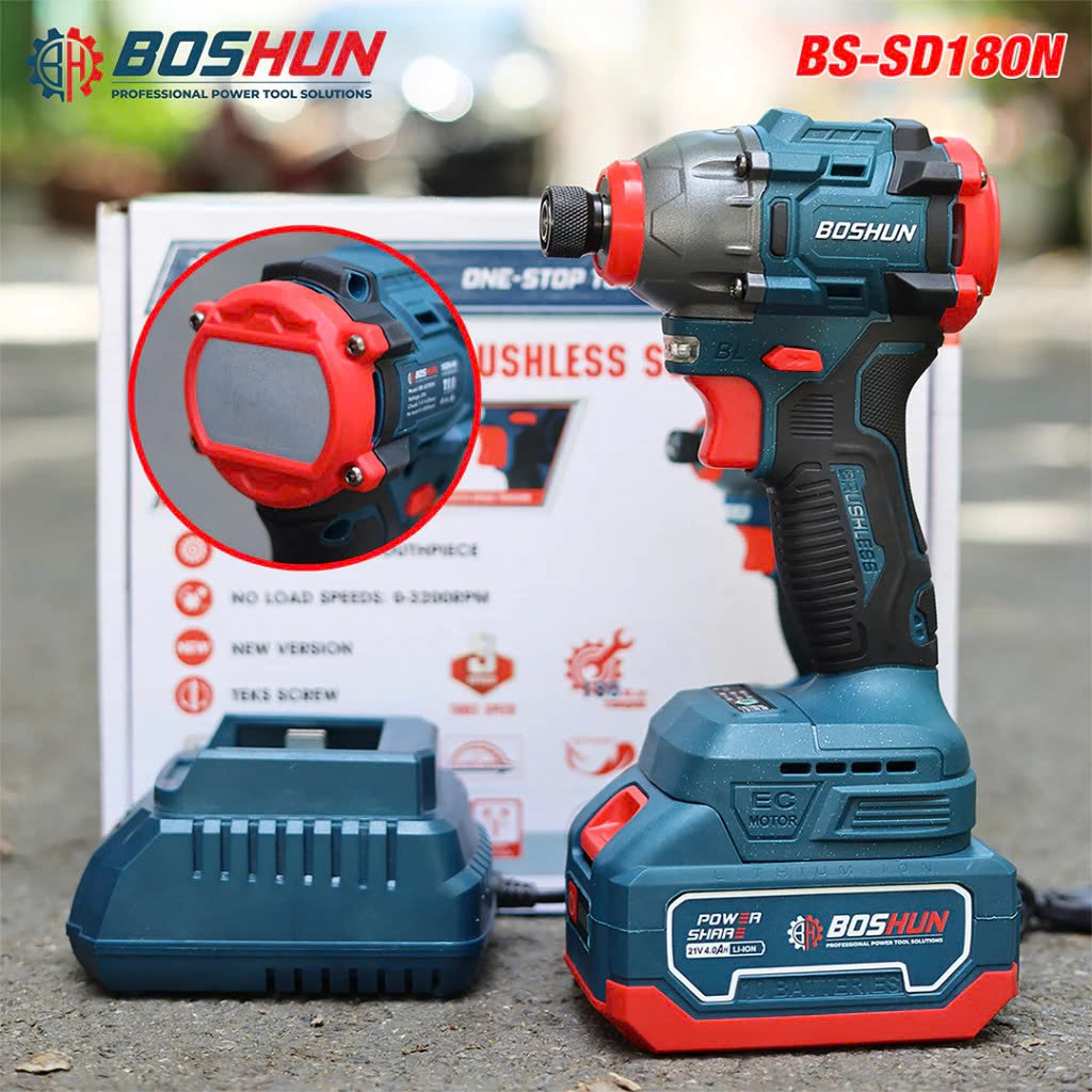 Máy chuyên vít pin BOSHUN BS-SD180N, Không chổi than 180Nm, 3 Tốc độ 3200rpm