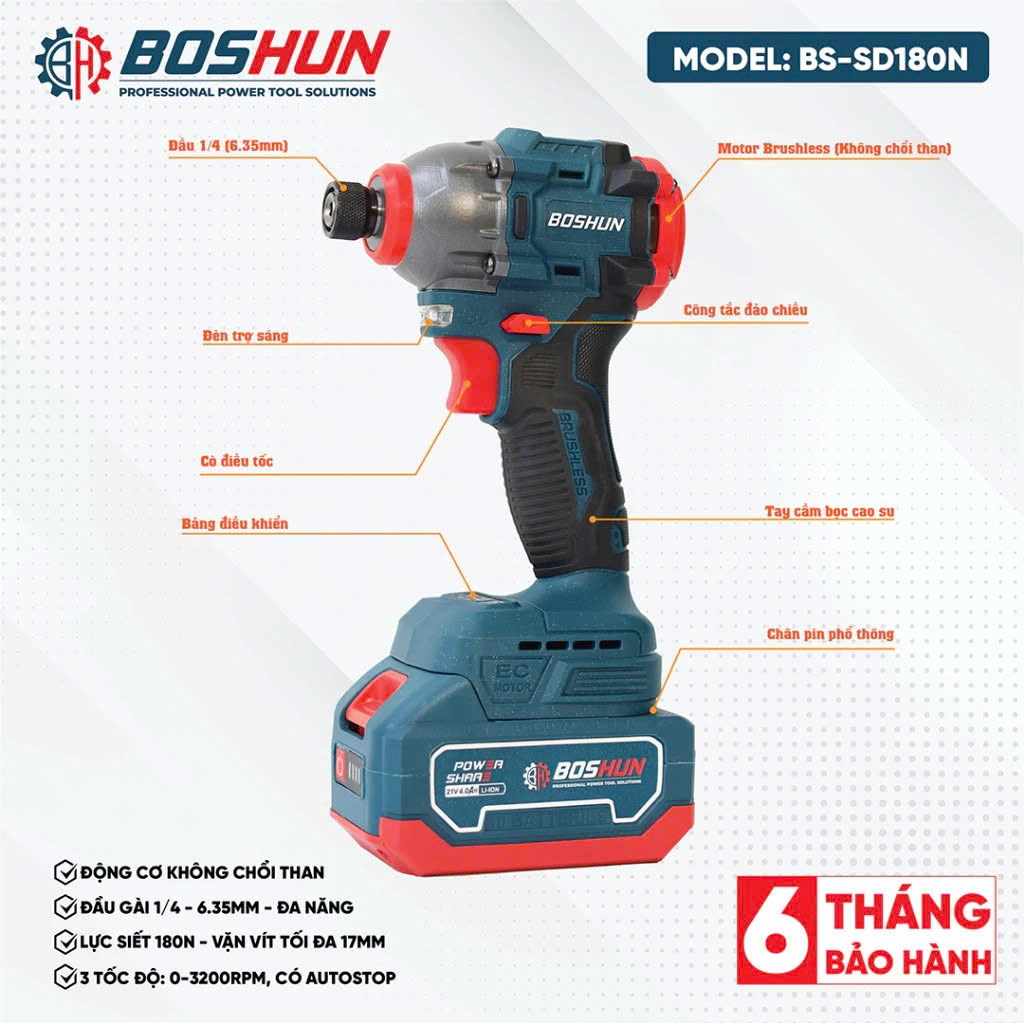 Máy chuyên vít pin BOSHUN BS-SD180N, Không chổi than 180Nm, 3 Tốc độ 3200rpm