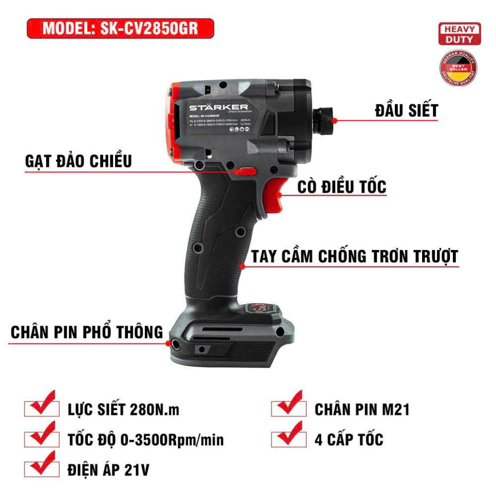 Máy chuyên vít pin STARKER SK-CV2850GR, Lực siết 280NM, Không chổi than, 4 Cấp tốc độ, Chân pin phổ thông - thân máy