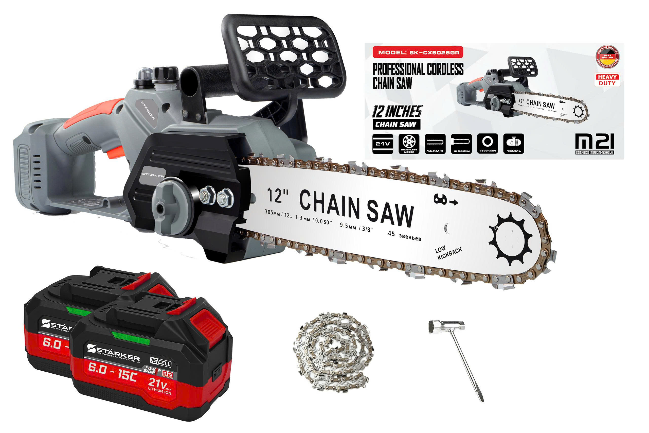 Máy cưa xích pin Starker xám, Động cơ Không chổi than, Chiều dài lam 28cm - máy 2pin 15ce+sạc
