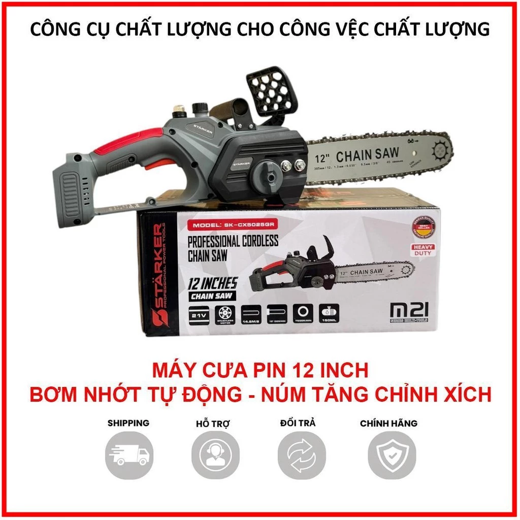 Máy cưa xích pin Starker xám, Động cơ Không chổi than, Chiều dài lam 28cm - thân máy