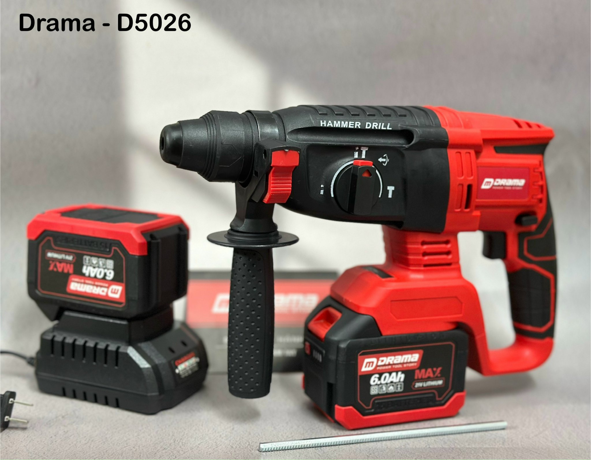 Máy khoan bê tông pin DRAMA 5026 không chổi than 3 chức năng chân pin phổ thông kèm hộp đựng - máy 2pin15c+sạc