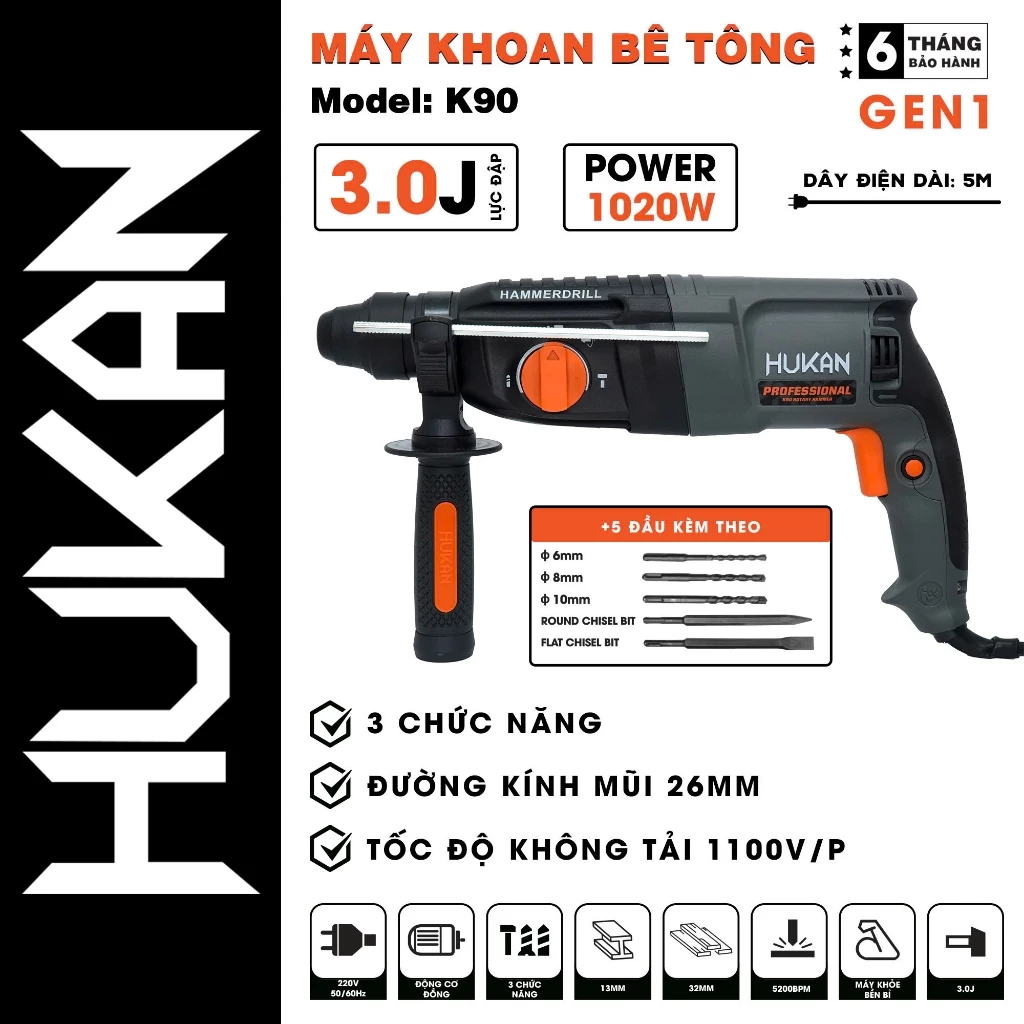 Máy khoan đục bê tông HUKAN K90, 3 Chức năng - Tặng 5 Mũi khoan đục, Dây đồng 100%