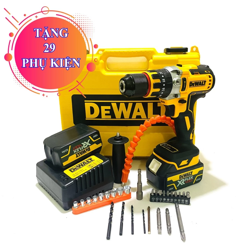 Máy khoan pin 199V, 2 PIN, KHÔNG CHỔI THAN, 100% DÂY ĐỒNG, 3 CHỨC NĂNG - Máy 2 pin+phụ kiện