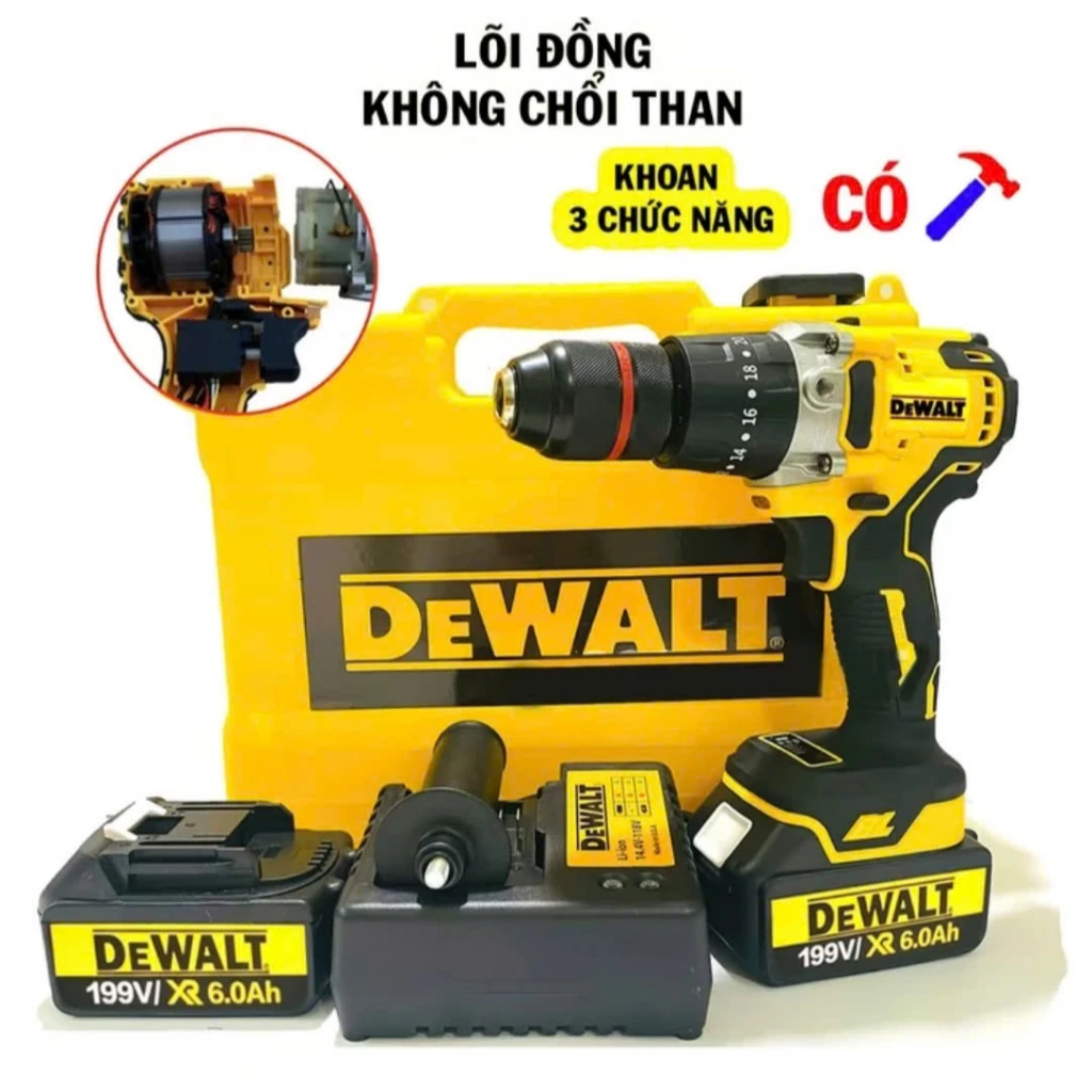 Máy khoan pin 199V, 2 PIN, KHÔNG CHỔI THAN, 100% DÂY ĐỒNG, 3 CHỨC NĂNG - Máy 2 pin+sạc