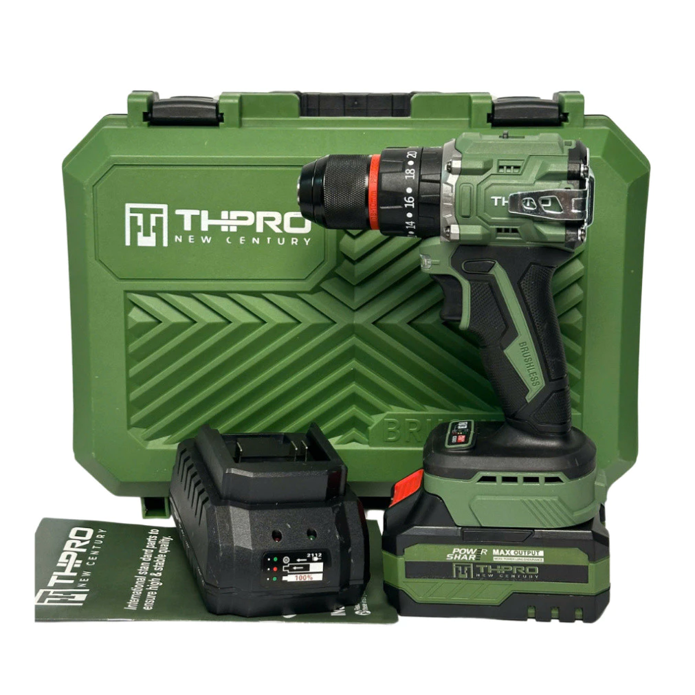 Máy khoan pin THPRO TH10 xanh lá 3 chức năng, chân phổ thông M21, Không chổi than, Đầu kẹp thép autolock - máy 2pin+sạc