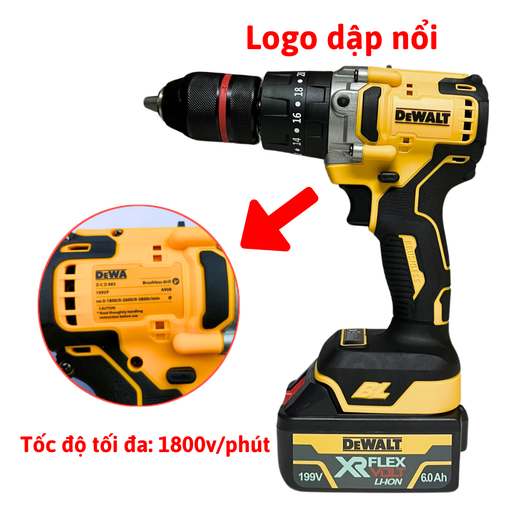 Máy khoan pin máy bắn vít cầm tay DW 199V KHÔNG CHỔI THAN đầu autolook 13mm siêu khỏe - máy 2pin+sạc