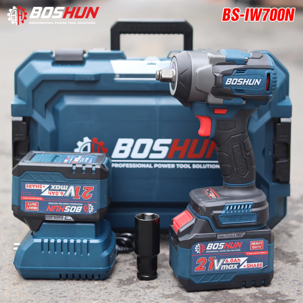 Máy siết bulong Boshun BS-IW700N, Lực Siết 700N.m - Không Chổi Than - Pin 15cell 3 tốc độ - máy 2pin 15c+sạc