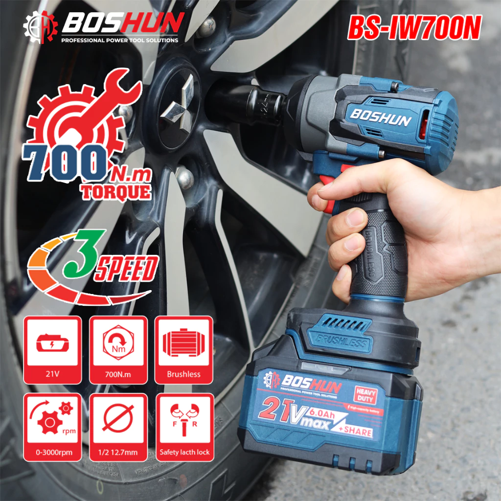 Máy siết bulong Boshun BS-IW700N, Lực Siết 700N.m - Không Chổi Than - Pin 15cell 3 tốc độ - máy 2pin 15c+sạc