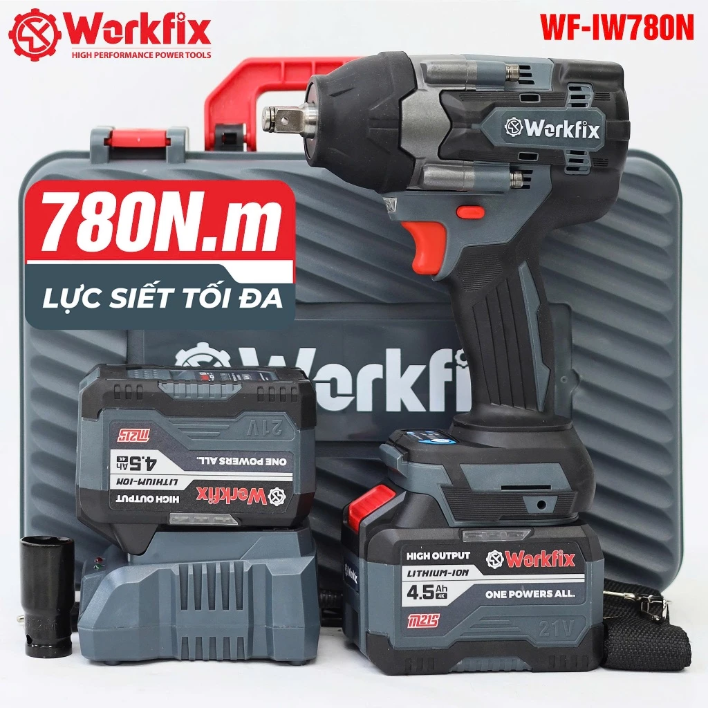 Máy siết bulong Workfix -IW700N Màu Xám, Lực Siết 700Nm, Siết mở bánh xe ô tô du lịch, bánh xe ga, ốc nồi, ốc công trình - máy2pin 15c+sạc