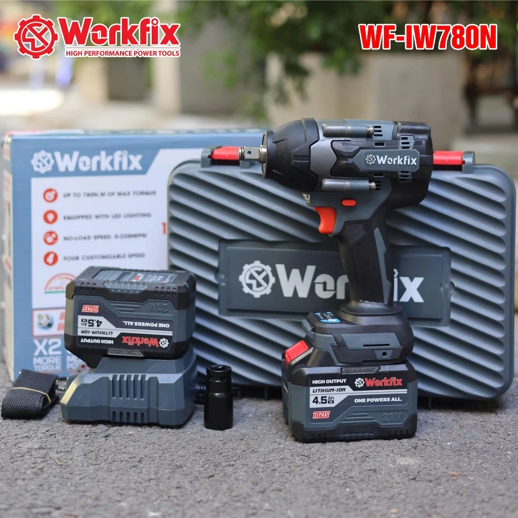 Máy siết bulong Workfix -IW700N Màu Xám, Lực Siết 700Nm, Siết mở bánh xe ô tô du lịch, bánh xe ga, ốc nồi, ốc công trình - máy2pin 15c+sạc