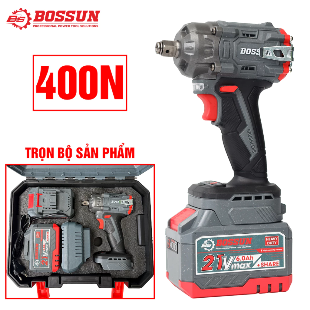 Máy siết bulong pin BOSSUN IW400N Màu XÁM, Lực siết: 400Nm, 2 PIN 15CELL, Đầu Bulong 2 in 1