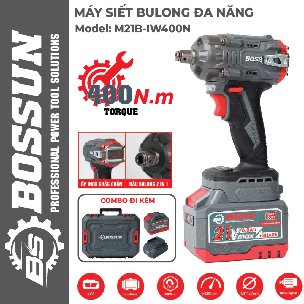 Máy siết bulong pin BOSSUN M21B-IW400N, Lực siết: 400Nm, Đầu Bulong 2 in 1, Động cơ không chổi than