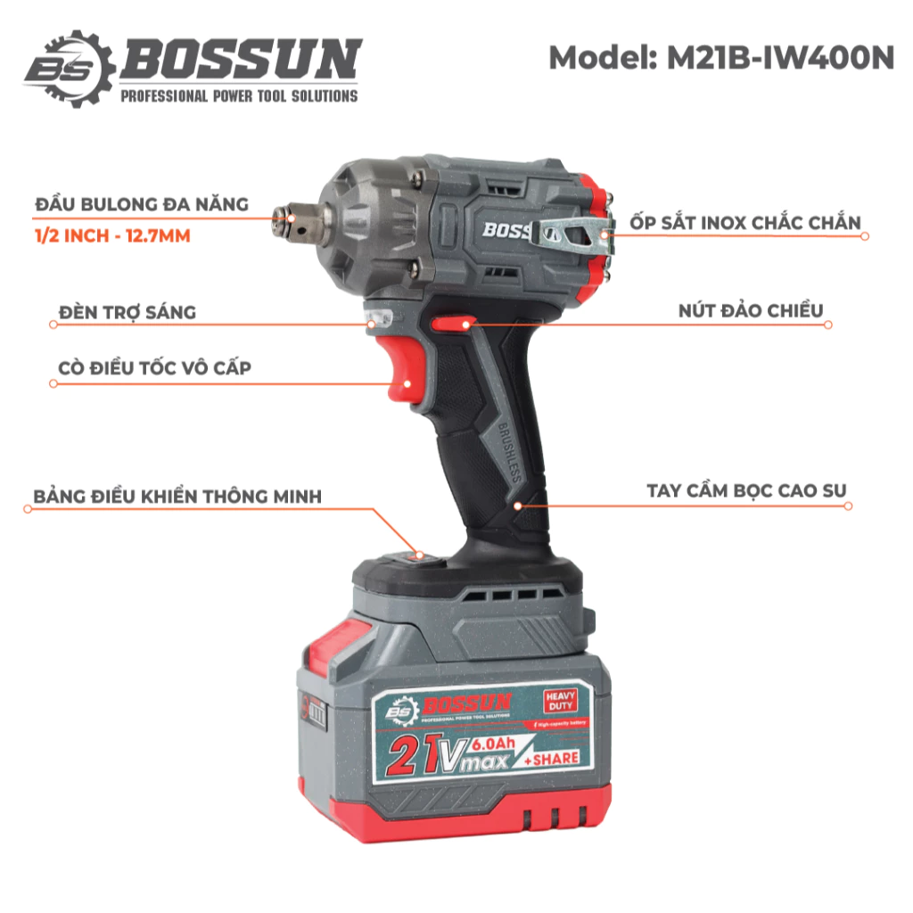Máy siết bulong pin BOSSUN M21B-IW400N, Lực siết: 400Nm, Đầu Bulong 2 in 1, Động cơ không chổi than