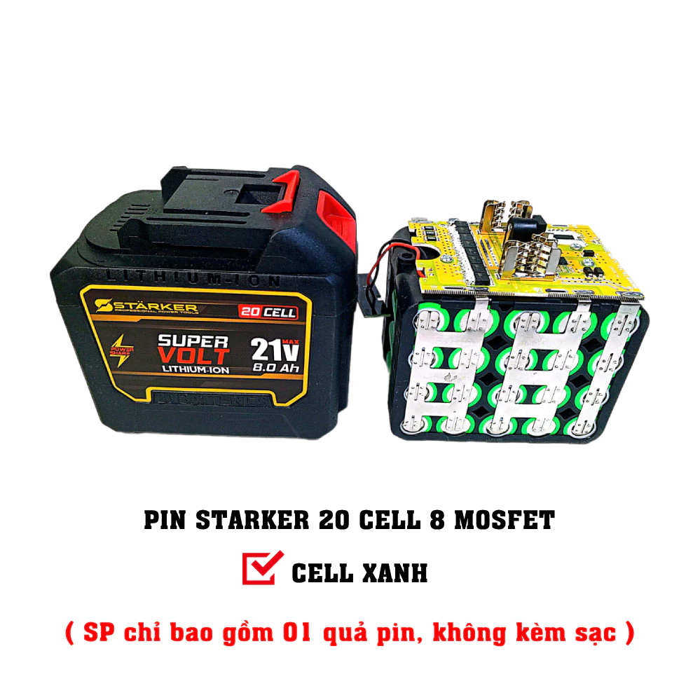 Pin 20 cell Starker 8 mosfet 8ah, cell samsung 5s4p 21v, chân phổ thông m21 4cm, dung lượng cao