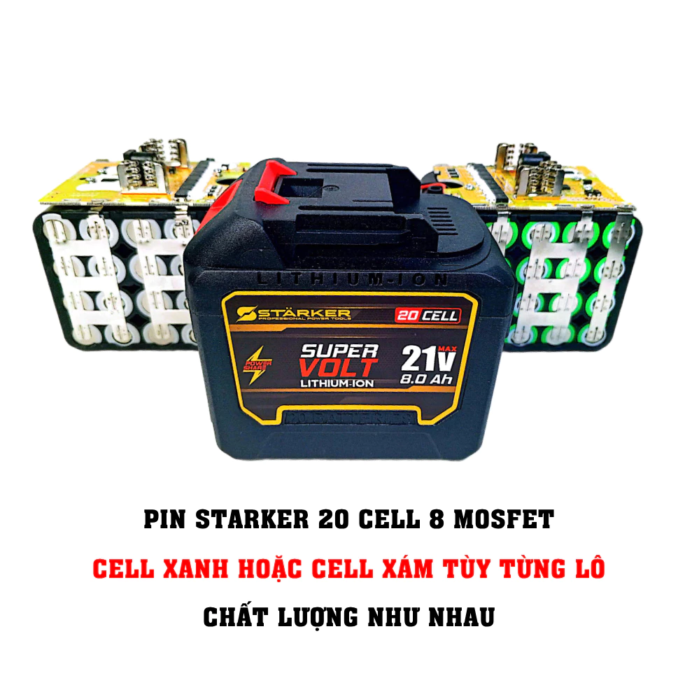 Pin 20 cell Starker 8 mosfet 8ah, cell samsung 5s4p 21v, chân phổ thông m21 4cm, dung lượng cao