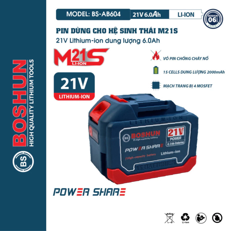 Pin Boshun 15 Cell dung lượng 6AH, Mạch 4 mosfet dòng xả cao, Chân pin phổ thông, Vỏ pin chống cháy, Có đèn bao pin