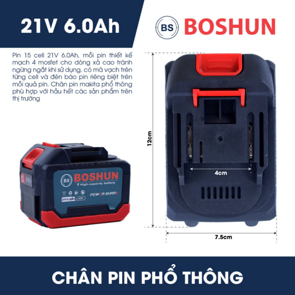 Pin Boshun 15 Cell dung lượng 6AH, Mạch 4 mosfet dòng xả cao, Chân pin phổ thông, Vỏ pin chống cháy, Có đèn bao pin